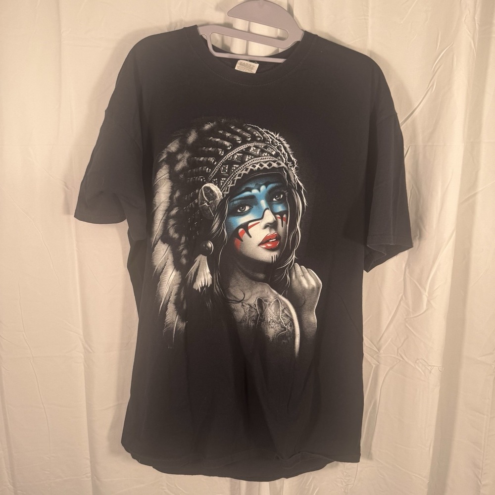 Graphic Art tshirt beautiful woman with feather headdress & face paint‎ design